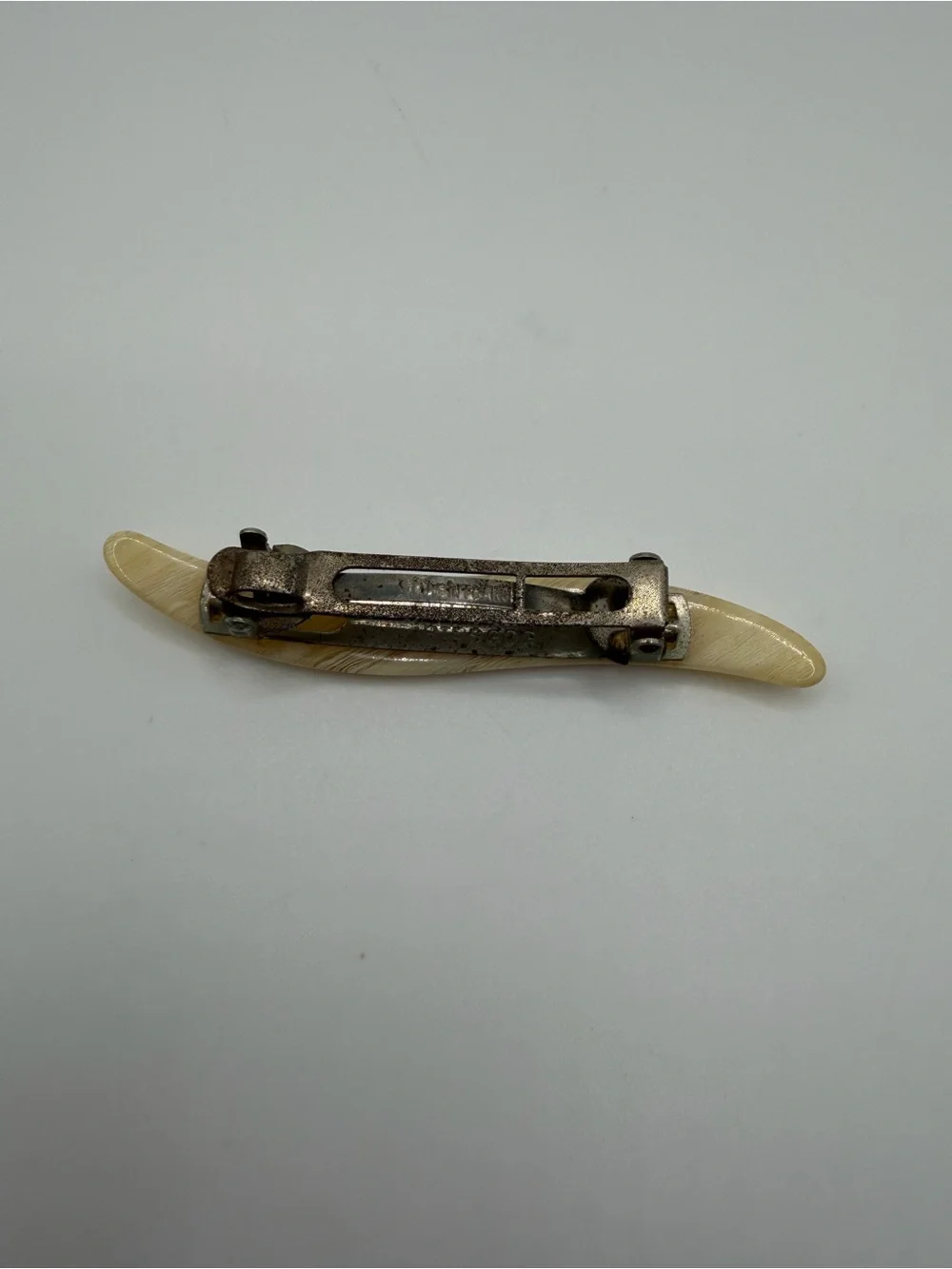 Vtg French Barrette Faux Horn Marble Otomatic Bte SGDG Cream Brown 1950s France